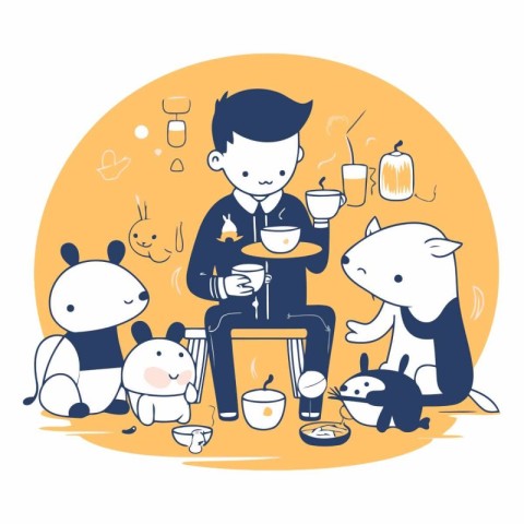 Cute vector illustration of a boy sitting at a table with a cat