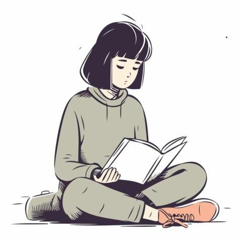 Vector illustration of a young woman reading a book sitting on t