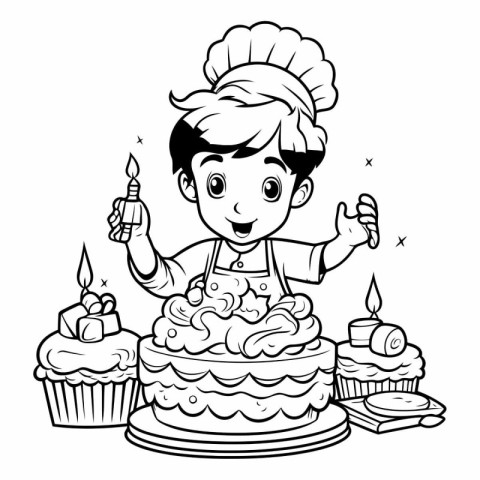 Black and White Cartoon Illustration of Little Chef with Cake fo