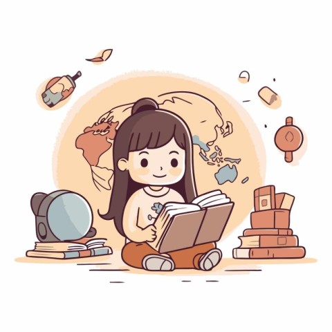 Illustration of a Little Girl Reading a Book While Sitting on th