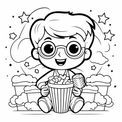 Cartoon Illustration of Kid Boy Eating Popcorn or Popcorn