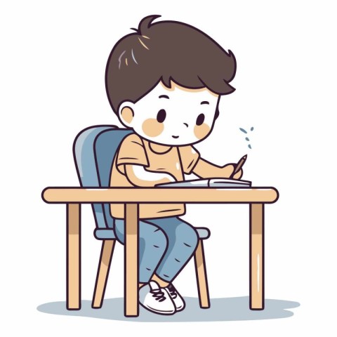 Boy writing in notebook at the table in cartoon style.