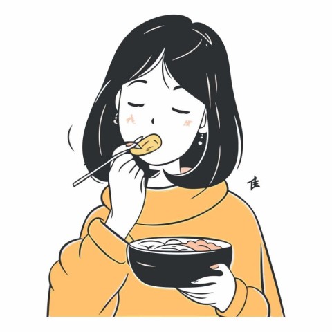 Illustration of a young woman eating a bowl of noodle.