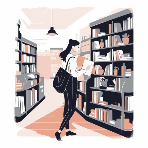 Vector illustration of a young woman standing in a library and r