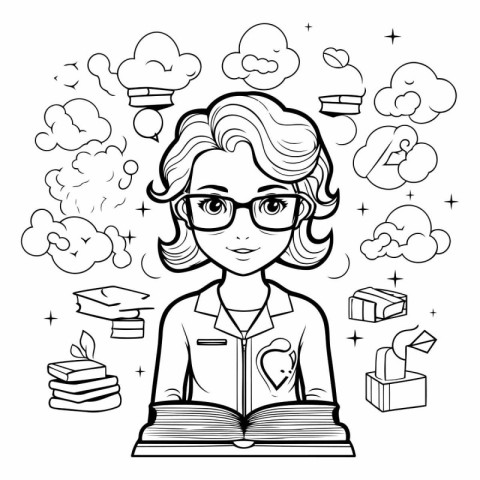 Vector illustration of a teacher with books and clouds in the ba