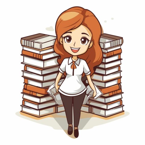 Vector illustration of a cute schoolgirl sitting on a stack of b