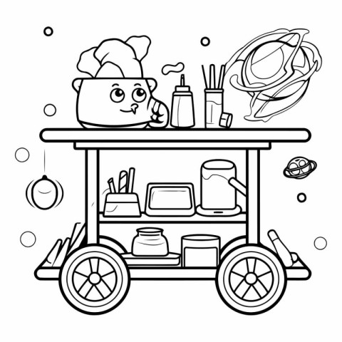 Coloring book for children: a cart with food and drinks. Colorin