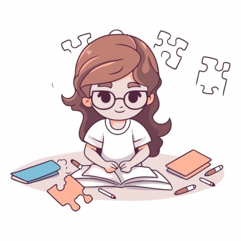 Cute little girl doing homework in cartoon style.