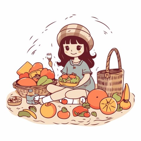 Little girl sitting on the ground with a basket full of fruits a