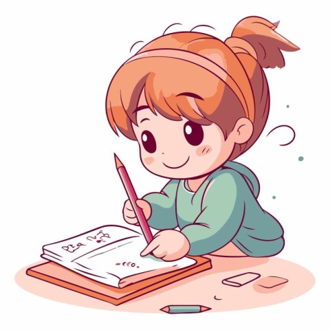 Vector illustration of a cute little girl doing homework with a