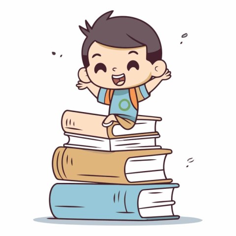 Happy boy sitting on pile of books. Cute cartoon vector illustra