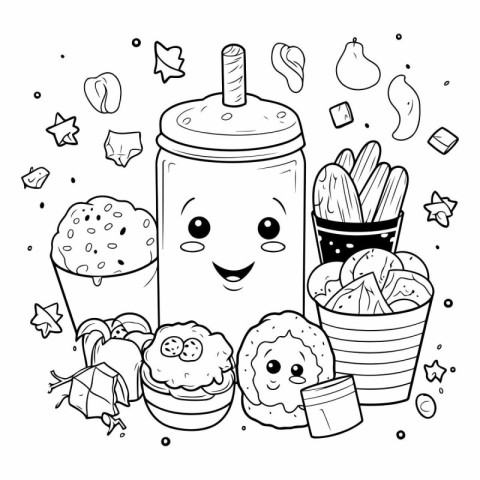 Fast food design in black and white. Cute cartoon style.