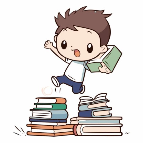 Boy jumping over pile of books in cartoon style.