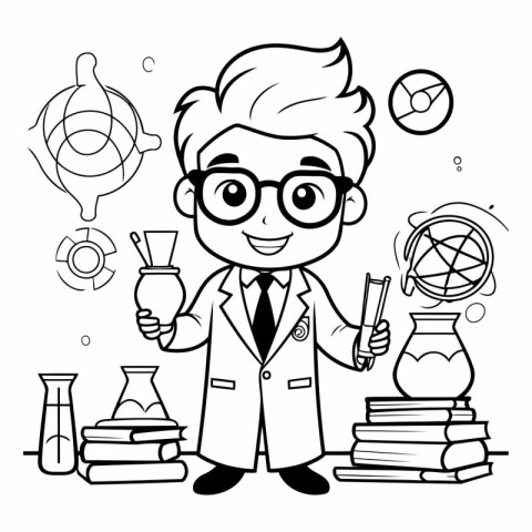 Black and white vector illustration of a scientist holding a fla