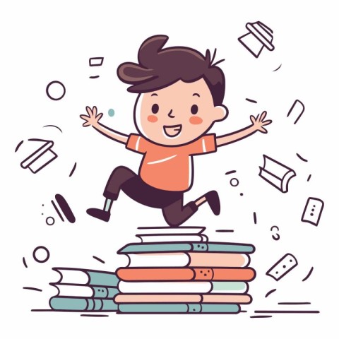 Happy boy jumping on pile of books. Education concept