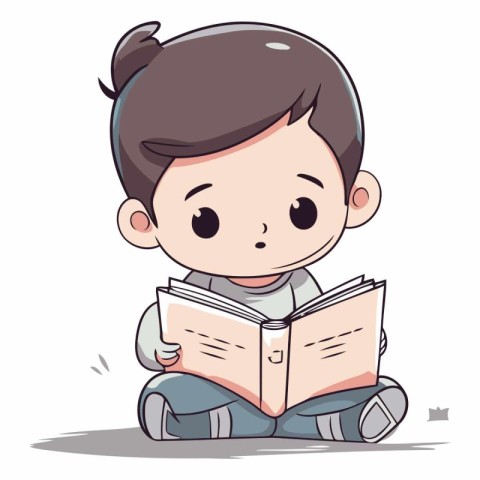 Illustration of a Cute Little Boy Sitting and Reading a Book