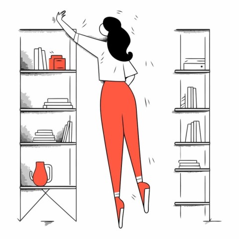 Illustration of a woman standing in front of the bookshelf