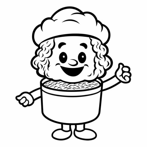 Black and White Cartoon Illustration of Cute Chef with Pot of Ri