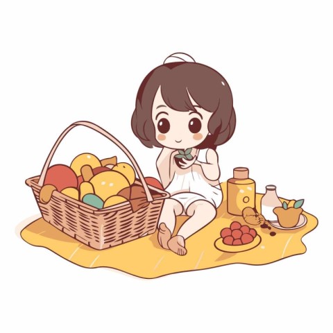 Cute little girl sitting on the grass with basket full of fruits