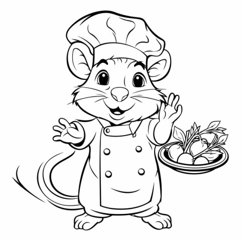 Mouse chef with a plate of vegetables. black and white vector il