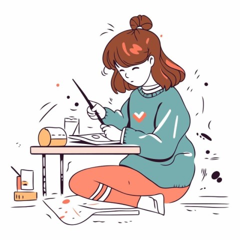 Vector illustration of a young woman doing her homework. Hand dr