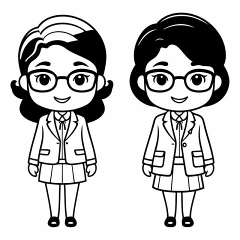 Black and white vector illustration of a teacher and student in