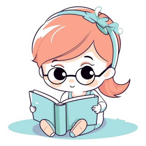 Cute little girl reading a book in cartoon style.