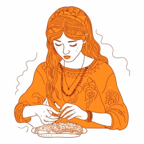 Beautiful woman eating pizza in doodle style.