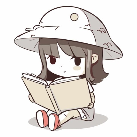 Girl reading a book and wearing a hat on white background.