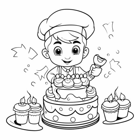 Black and White Cartoon Illustration of Cute Little Boy Chef wit