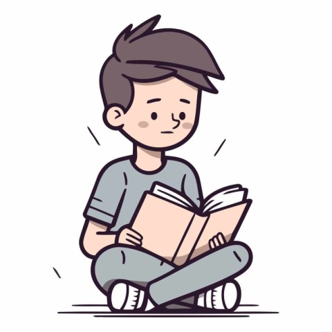 Cute boy reading a book in cartoon style.