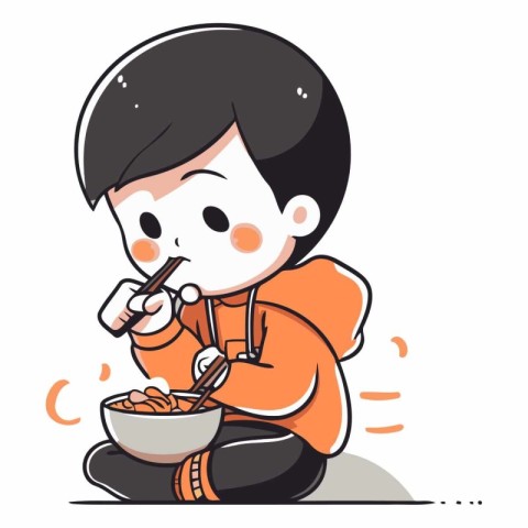 Illustration of a boy eating a bowl of soup with chopsticks