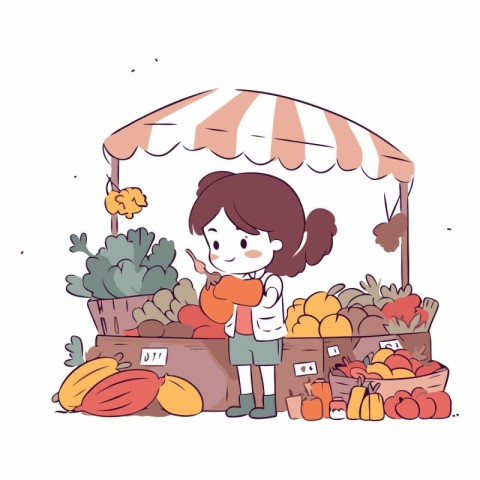 Cute little girl buying fruits and vegetables at the market.