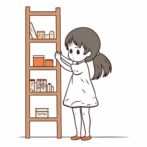 Little girl standing at the shelf and choosing goods.