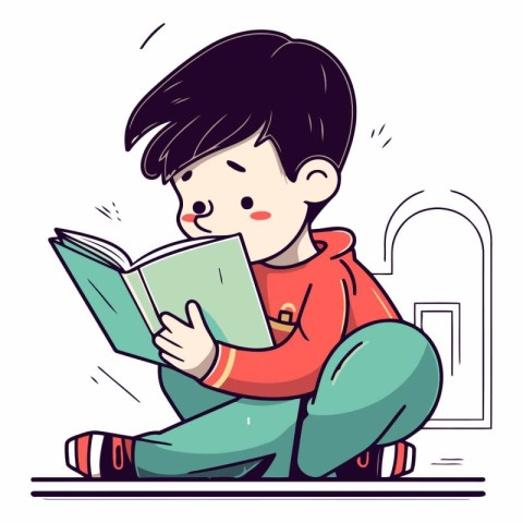 Illustration of a boy reading a book while sitting on the floor