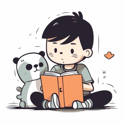 Boy reading a book with panda bear of a boy reading a book.