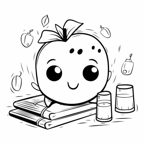 Black and White Cartoon Illustration of Cute Apple Reading a Boo