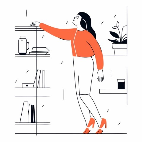 Woman standing at the shelf in the living room. Flat vector illu