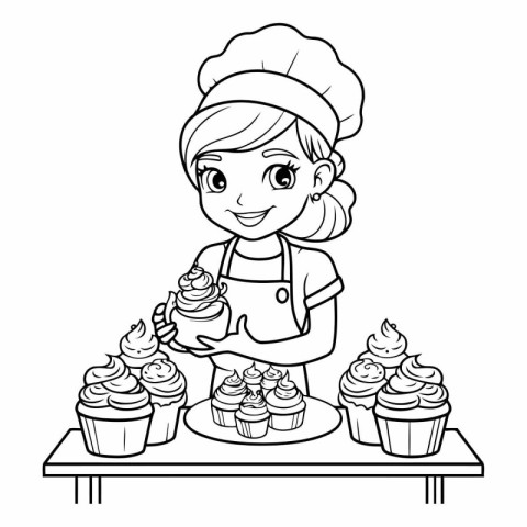 Coloring Page Outline Of Cute Girl Chef With Cupcakes