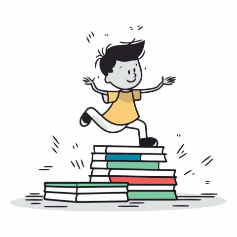 Boy jumping over pile of books in cartoon style.