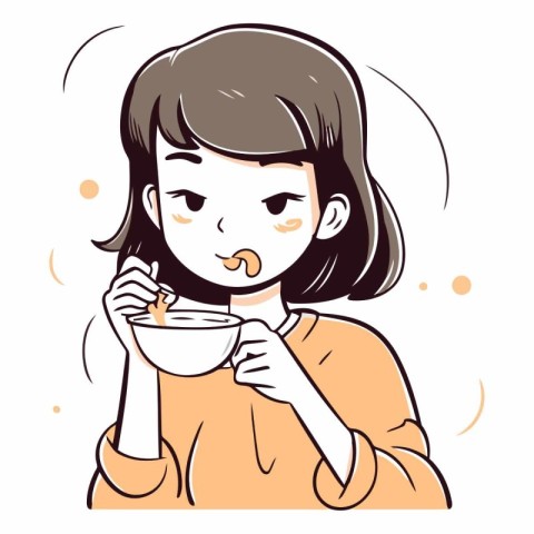 Illustration of a Girl Eating a Bowl of Milk for Breakfast.