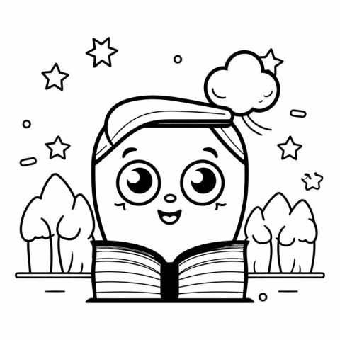 cute book kawaii with trees and clouds vector illustration desig