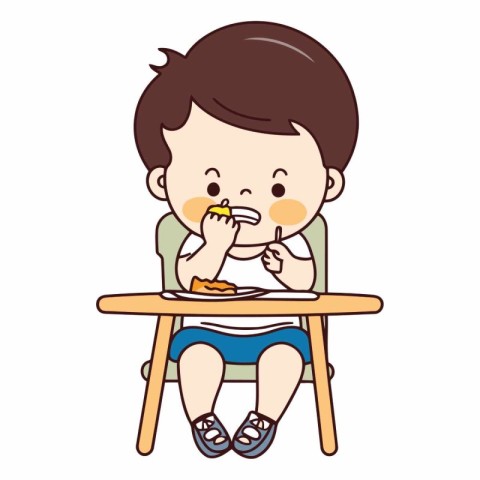 Illustration of a Kid Boy Eating a Piece of Pasta.