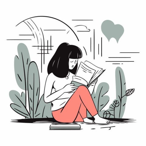 Girl reading a book in the park in sketch style.