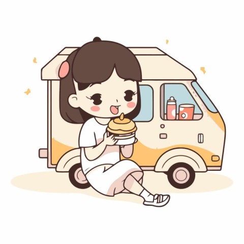 Cute little girl eating ice cream in front of a campervan