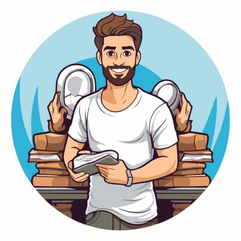 Man reading book at library cartoon round icon vector illustrati