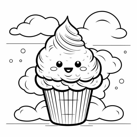 Cute cupcake with ice cream for coloring book