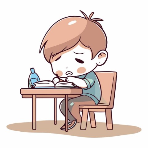 Boy doing homework at the table in cartoon style.