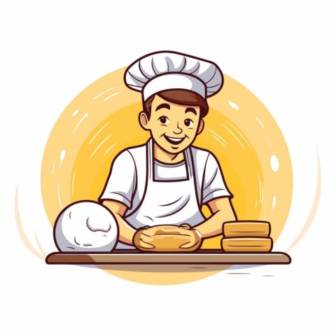 Chef with a bowl of bread in cartoon style.