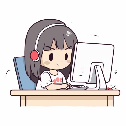 Illustration of a Cute Little Girl Using a Computer in a Call Ce